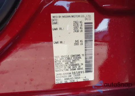 2022 Nissan Altima Sv Fwd из США, поврежденный, VIN 1N4BL4DVXNN365895